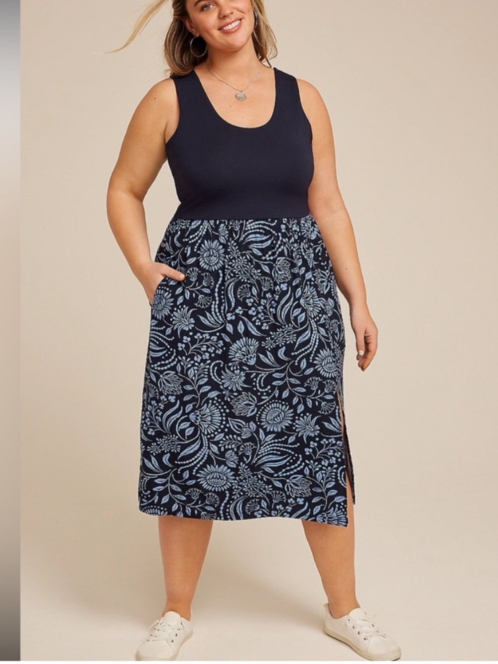 Maurices Navy 24/7 sleeveless Midi Dress with Blue Floral Skirt 0X plus tank